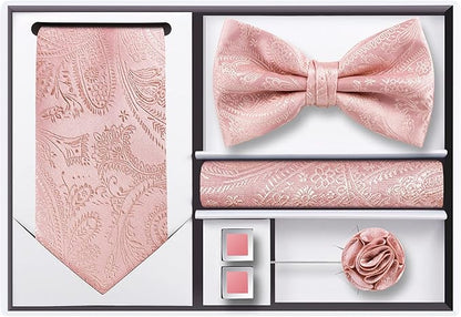 TIE G 5pcs Tie Set in WHITE OR BLACK GIFT BOX: Solid Color Necktie, Satin Bow Tie, Pocket Square, Lapel, Cuff Links