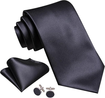 Barry.Wang Tie Sets for Men Silk Solid Necktie Stain Ties Handkerchief Pocket Square Cufflinks Wedding Business Dyed