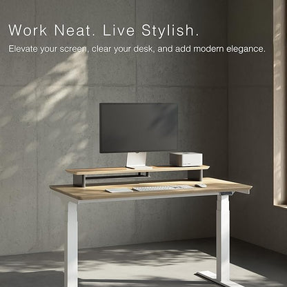 White Oak Dual‑Tier Ergonomic Desk Setup – Modern Wooden Monitor Stand & Workspace Riser, Home Office & Minimalist Aesthetic (White Oak, Large)