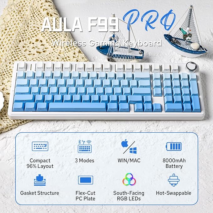 MechLands Aula F99 PRO 96% Mechanical Gaming Keyboard, BT5.0/USB-C/2.4GHz Wireless, Hot Swappable Gasket Custom Keyboard with 8000mAH Battery, Rotary Knob, RGB Backlit for Win/Mac (Blue)