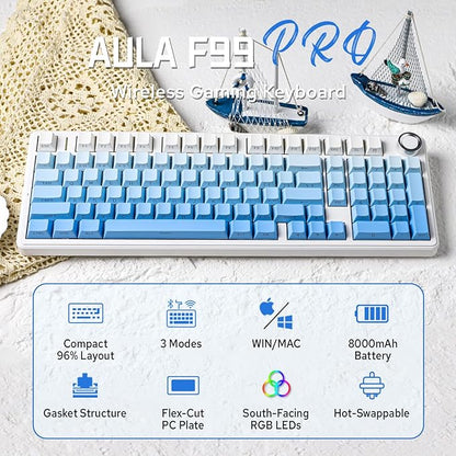 MechLands Aula F99 PRO 96% Mechanical Gaming Keyboard, BT5.0/USB-C/2.4GHz Wireless, Hot Swappable Gasket Custom Keyboard with 8000mAH Battery, Rotary Knob, RGB Backlit for Win/Mac (Blue)