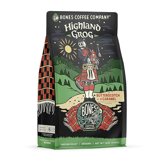 Bones Coffee Company Highland Grog, Butterscotch Caramel Flavored Coffee, Medium Roast Low Acid Arabica Beans Compatible with Auto drip and French Press Coffee Maker, 12 Oz Ground