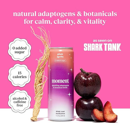 Moment Mocktails Non Alcoholic Drinks (Shark Tank) | SPARKLING Plum Spritz Adaptogen Drink | L-Theanine & Ashwagandha for Calm & Clarity | 0 Added Sugar 0 Caffeine | 12-pack