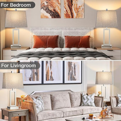 Touch Control Table Lamps Set of 2, Modern Silver Bedside Lamps with USB A+C Ports & AC Outlet, 3 Way Dimmable Contemporary Nightstand Lamps for Bedroom Living Room(LED Bulb Included)
