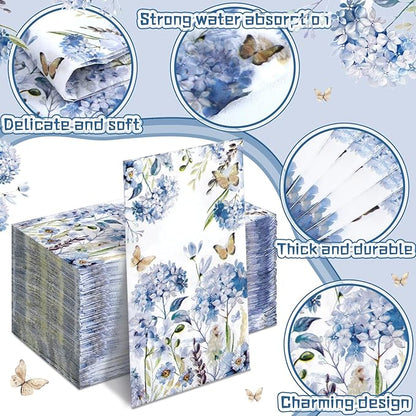 Karenhi 200 Pcs Watercolor Hydrangea Guest Napkins 2 Ply Spring Paper Guest Towels for Bathroom Blue Floral Disposable Hand Towels Decorative Dinner Napkins Bridal Shower Napkins for Wedding Party