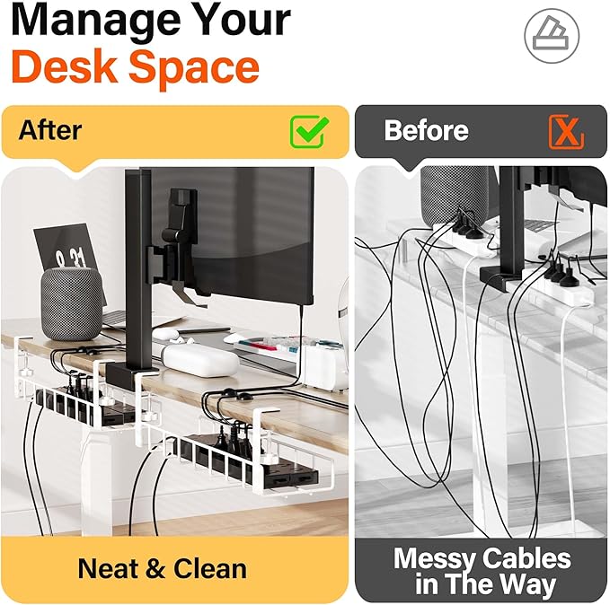 2 Pack Cable Management Under Desk Tray, Xpatee 31.4" No Drill Wire Organizers with Upgraded Clamp, Metal Cord Organization, PC Cable Management Rack, White