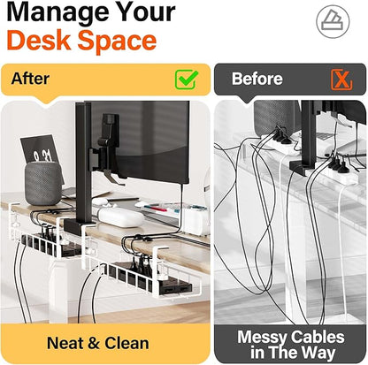 2 Pack Cable Management Under Desk Tray, Xpatee 31.4" No Drill Wire Organizers with Upgraded Clamp, Metal Cord Organization, PC Cable Management Rack, White