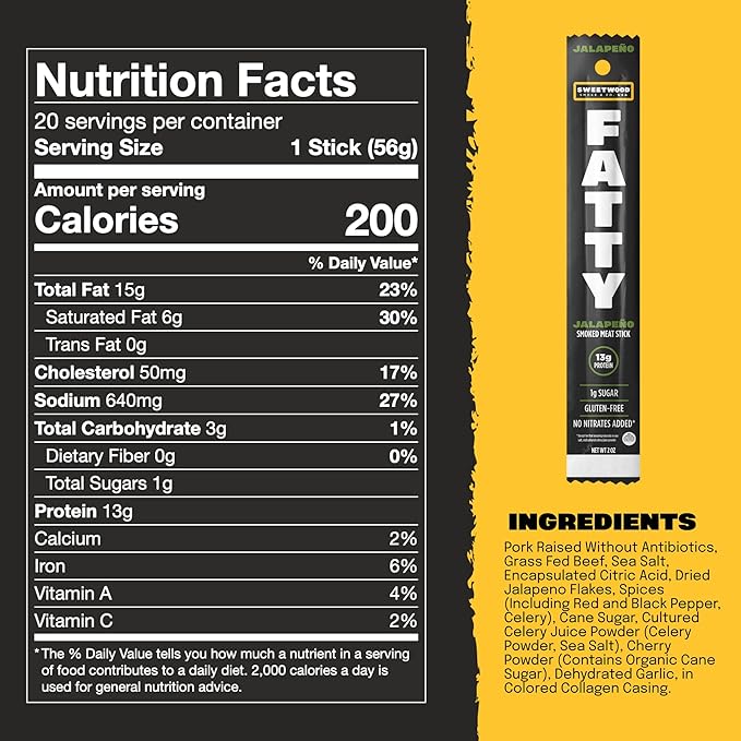 FATTY Meat Sticks, Made with Grass Fed Beef, Pork Raised Without Antibiotics, 13g Protein Per Serving, Jalapeno, Stocking Stuffer, 2 oz. (Pack of 20)