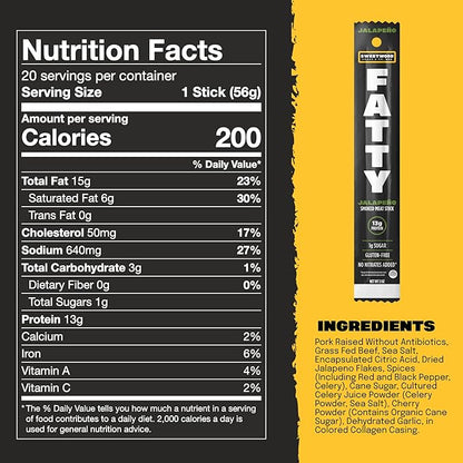 FATTY Meat Sticks, Made with Grass Fed Beef, Pork Raised Without Antibiotics, 13g Protein Per Serving, Jalapeno, Stocking Stuffer, 2 oz. (Pack of 20)
