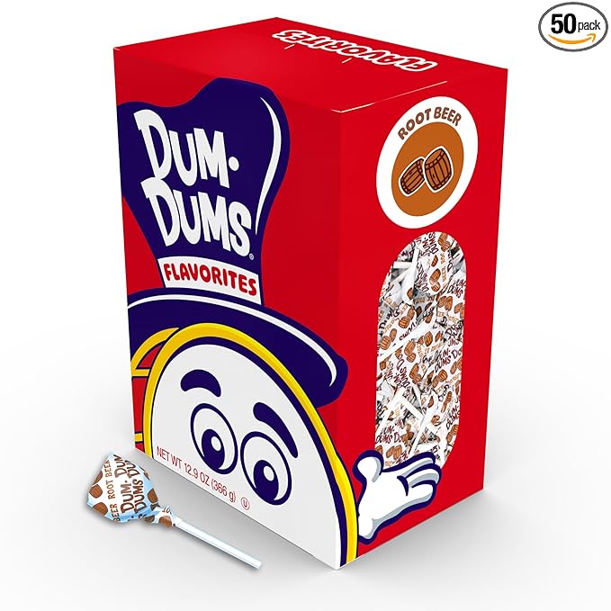Dum Dums Root Beer Lollipops - Bulk Candy Box with Lollipops Individually Wrapped, Single Flavor Gourmet Suckers - 50 Count