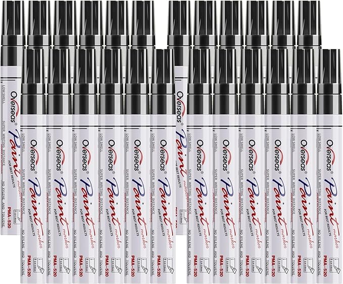 Overseas Black Paint Pens Permanent Markers 24 Pcs, Oil Based Paint Markers Set, Quick Drying, Waterproof, Medium Tip Marker Pens for Metal, Rock, Wood, Plastic, Canvas, Glass, Stone, Rubber, Paper