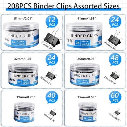 208 PCS Binder Clips Assorted Sizes, Metal Large Binder Clips Bulk, Black Binding Paperwork Clamp for Paper, 6 Size Clips Office Supplies for Business and School
