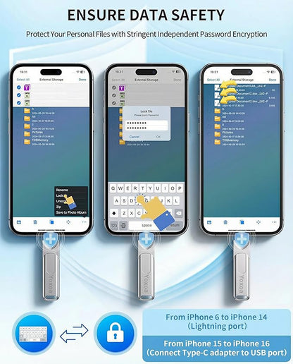 MFi Certified 256GB Flash Drive for iPhone & iPad, High-Speed Photo Stick for External Memory Storage, Backup & Transfer Files, USB Stick for iPhone/iPad/iOS/Android/PC (Available Space: ~244GB)Silver