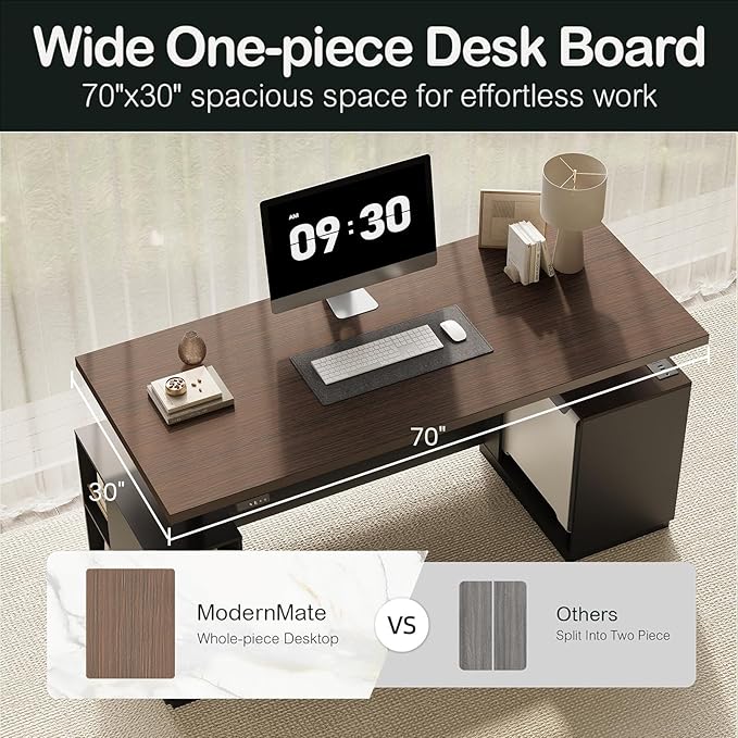71" Standing Desk with 2 File Cabinet, AC/USB, 1.18" Desktop, L Shaped Height Adjustable Desk, Electric Furniture Set with Multiple Functions for Home and Office, Black Walnut