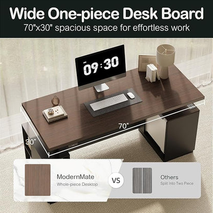 71" Standing Desk with 2 File Cabinet, AC/USB, 1.18" Desktop, L Shaped Height Adjustable Desk, Electric Furniture Set with Multiple Functions for Home and Office, Black Walnut