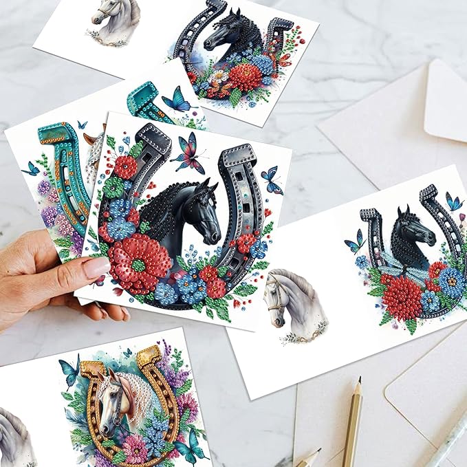 jinglinhh 12pcs Diamond Art Painting Flowers Horse Greeting Cards with Envelopes, DIY Card Making Kits for Adults, Diamond Art Christmas Cards for Birthday Holiday Postcards Craft Gifts