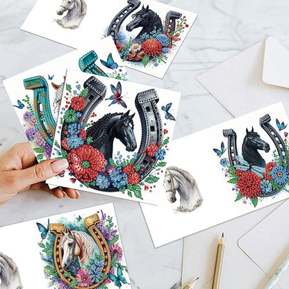 jinglinhh 12pcs Diamond Art Painting Flowers Horse Greeting Cards with Envelopes, DIY Card Making Kits for Adults, Diamond Art Christmas Cards for Birthday Holiday Postcards Craft Gifts