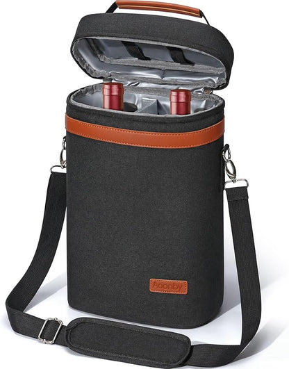 2 Bottle Wine Bag Wine Cooler Carrier Wine Gift Tote Bag, Leakproof & Insulated Bottle Bags for Travel, BYOB, Beach, Dinner, Party, Christmas Gifts for Wines Lovers Women Men - Black
