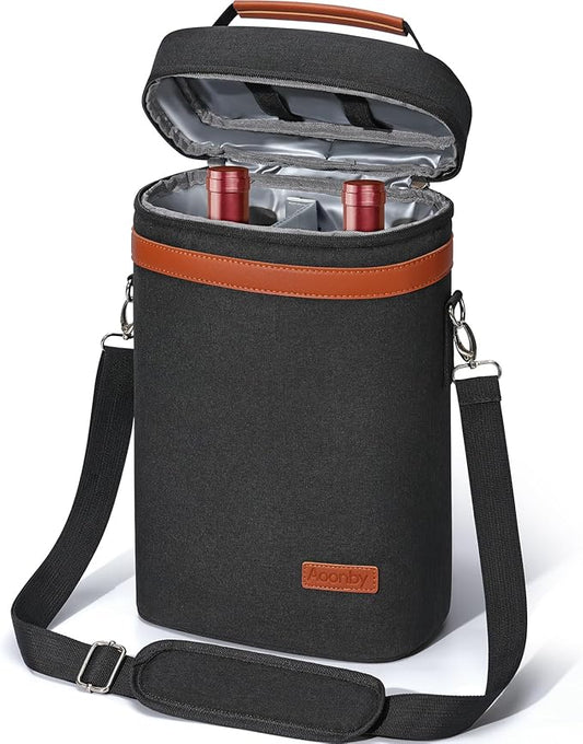 2 Bottle Wine Bag Wine Cooler Carrier Wine Gift Tote Bag, Leakproof & Insulated Bottle Bags for Travel, BYOB, Beach, Dinner, Party, Christmas Gifts for Wines Lovers Women Men - Black