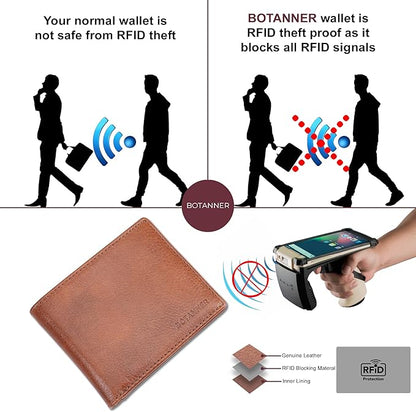 Genuine Leather Mens Bifold Wallet RFID Blocking 5 Credit Card Slots 1 ID Window 2 Sections for Bills 2 Additional Slots | Coffee brown