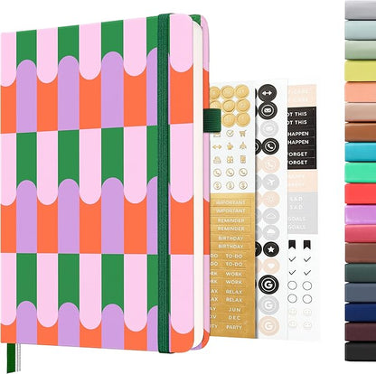 A5 Hardcover Bullet Dotted Journal, 160 Pages 100 gsm Thick Paper, 3 Sheets of Stickers Included - 5.7'' x 8'' (Color Block)