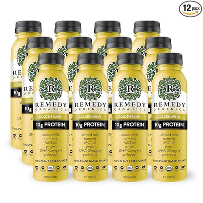 Remedy Organics Golden Mind 12-Pack | Plant Based Protein Shakes, Ready to Drink | USDA Organic, Gluten Free, Dairy Free, Soy Free