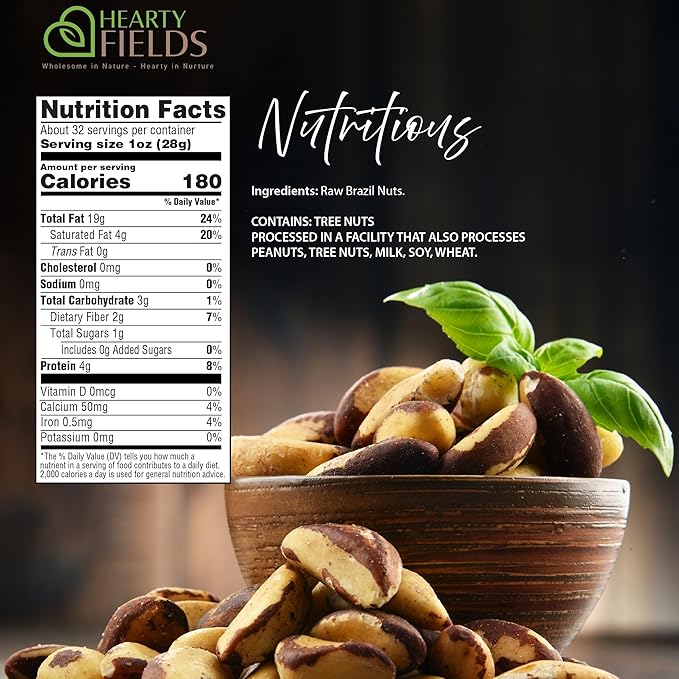 Hearty Fields - Raw Brazil Nuts Unsalted, No Shell, Whole, (16 Oz - 1 LB) Wholesome In Nature - Hearty In Nurture Healthy Protein Food Snack, Food Assortments