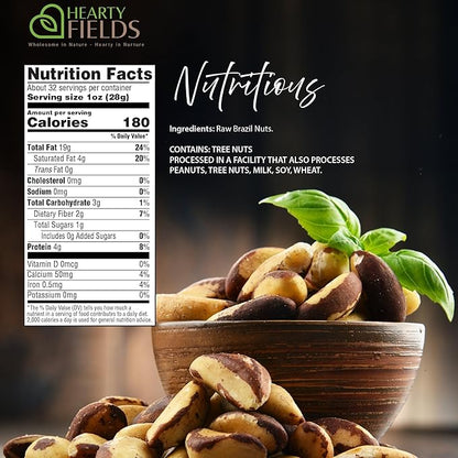 Hearty Fields - Raw Brazil Nuts Unsalted, No Shell, Whole, (16 Oz - 1 LB) Wholesome In Nature - Hearty In Nurture Healthy Protein Food Snack, Food Assortments