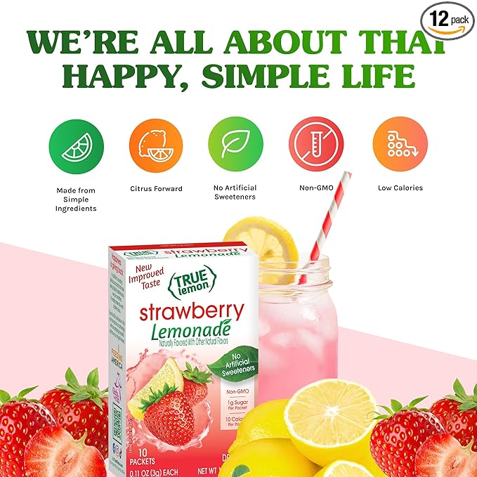 True Lemon Strawberry Lemonade Drink Mix, Made from Real Lemons, Low Calorie, Low Sugar, Lemonade Drink Mix, 10 Count, 1.06 oz (Pack of 12)