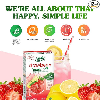 True Lemon Strawberry Lemonade Drink Mix, Made from Real Lemons, Low Calorie, Low Sugar, Lemonade Drink Mix, 10 Count, 1.06 oz (Pack of 12)