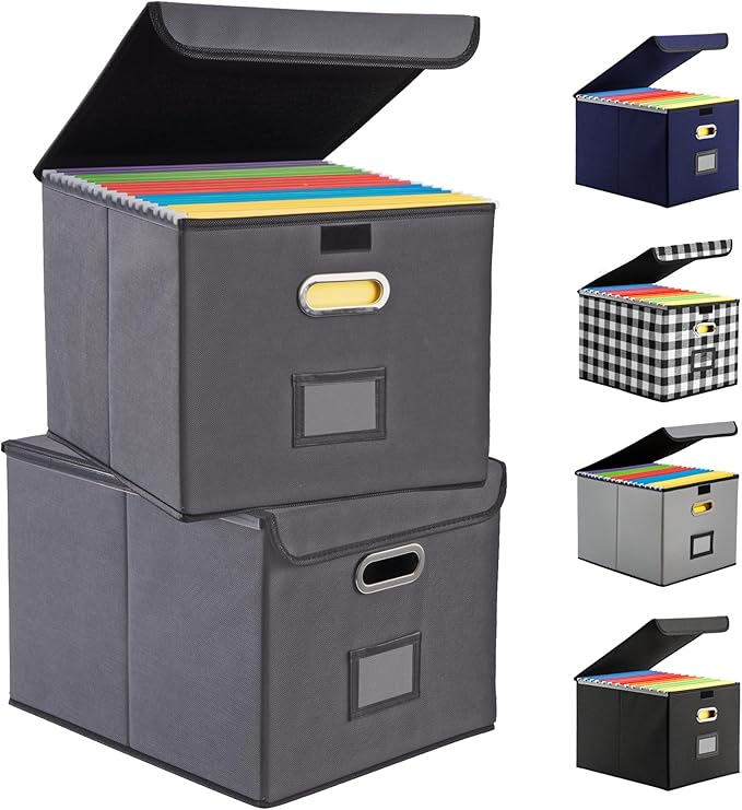 Collapsible File Box with Lid & Plastic Slide - Hanging Document Organizer for Office/Home, 14.96x12.6x10.83 Inch,Decorative Home File Bin,Dark Grey, 2 Pack (No Folders Included)
