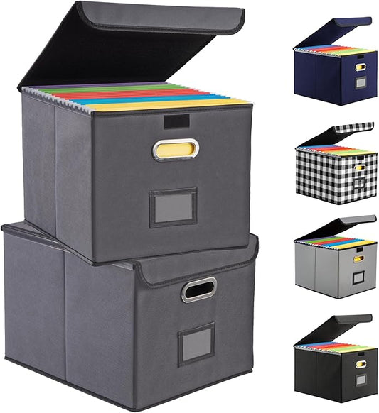 Collapsible File Box with Lid & Plastic Slide - Hanging Document Organizer for Office/Home, 14.96x12.6x10.83 Inch,Decorative Home File Bin,Dark Grey, 2 Pack (No Folders Included)