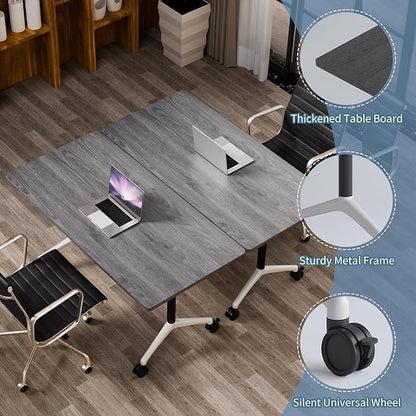 Conference Table, Foldable Conference Room Tables with Silent Wheels, Folding Modular Seminar Meeting Tables, Modern Rectangle Training Table for Office, Boardroom (8, Grey, 70.8)