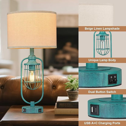 Table Lamps for Living Room End Table Set of 2, Farmhouse Lamps for Night Stands, Industrial Bedside Lamps for Bedroom with USB A+C, Bulbs Included