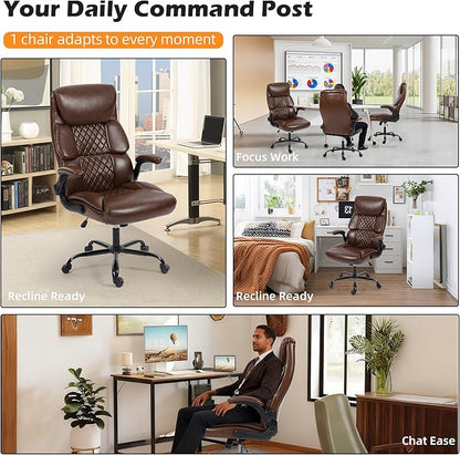 Office Chair - Ergonomic High Back Computer Desk Chair with Rocking Function & Lumbar Support - Executive Comfortable Wide Swivel Rolling Office Leather Chair with Flip-up Armrests for Home Gaming