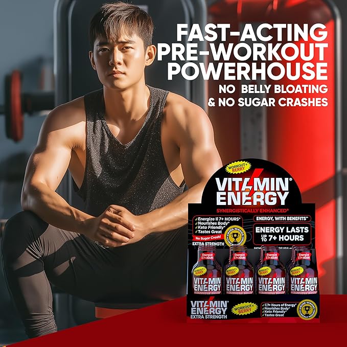 Vitamin Energy Workout+ Extra Strength Energy Shot Berry 8 Pack, 260mg Natural Caffeine, Pre-Workout, B-Vitamins, Minerals, Endurance & Performance, Zero Sugar, Gluten-Free, Vegan, 1.93 fl oz