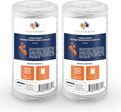 Aquaboon 5 Micron Water Filter 10 x 4.5 inch - String Wound Water Filter for Whole House System - Compatible with 84637, WPX5BB97P, PC10, 355214-45, 355215-45, WP10BB97P, WP5BB97P (2 Pack)