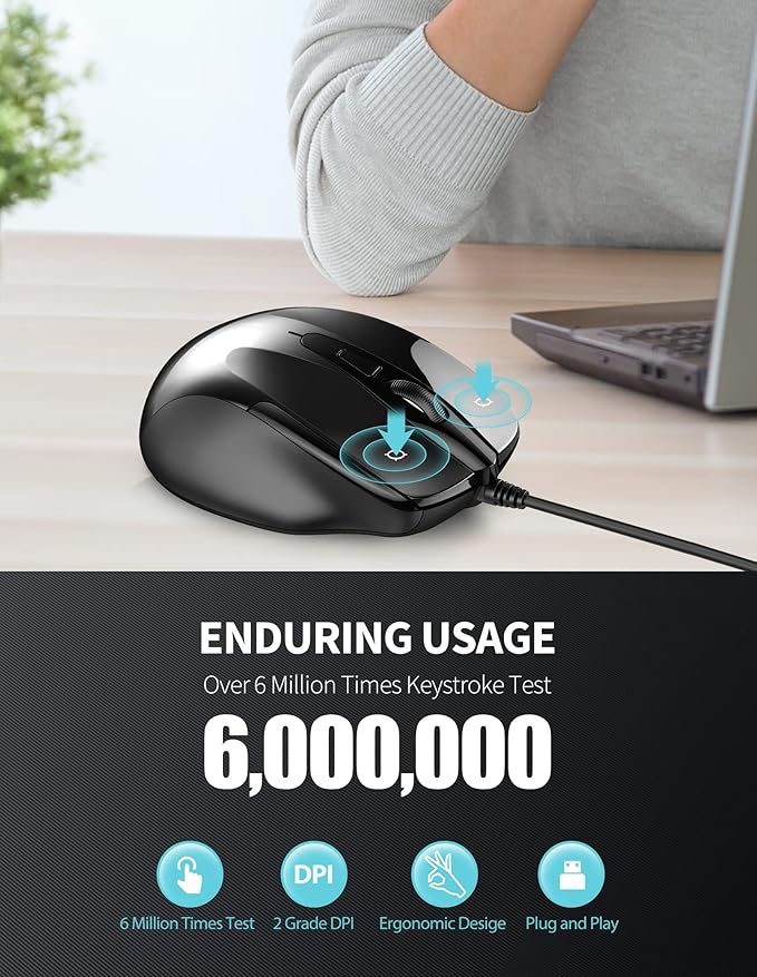 TECKNET USB Wired Mouse, 6-Button Corded Computer Mouse with 4 Adjustable DPI, Optical Computer Mice with Ergonomic Design and 5FT Cord for Laptop, Chromebook, PC, Desktop, Mac, Notebook-Black