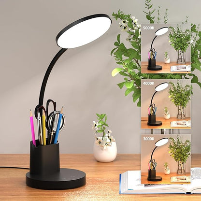 Desk Lamp, LED Desk Lamp for Home Office, Touch Table Lamp with 3 Color Modes 360° Adjustable Arm, Dimmable Desk Light with Pen Phone Holder, Black