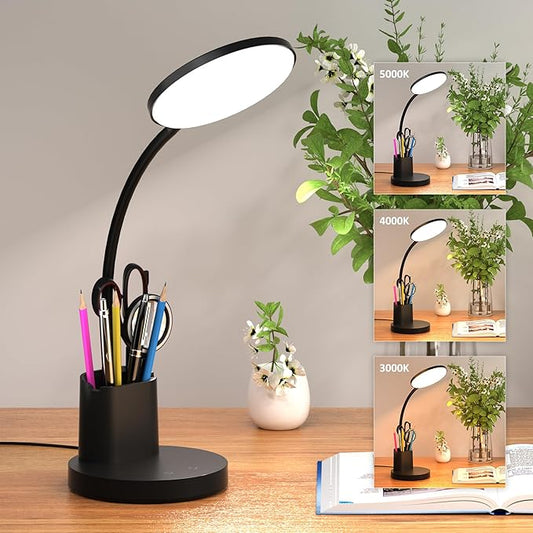 Desk Lamp, LED Desk Lamp for Home Office, Touch Table Lamp with 3 Color Modes 360° Adjustable Arm, Dimmable Desk Light with Pen Phone Holder, Black