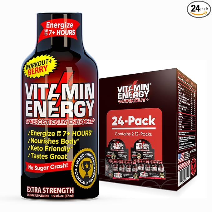 Vitamin Energy Workout+ Extra Strength Energy Shot Berry 24 Pack, 260mg Natural Caffeine, Pre-Workout, B-Vitamins, Minerals, Endurance & Performance, Zero Sugar, Gluten-Free, Vegan, 1.93 fl oz
