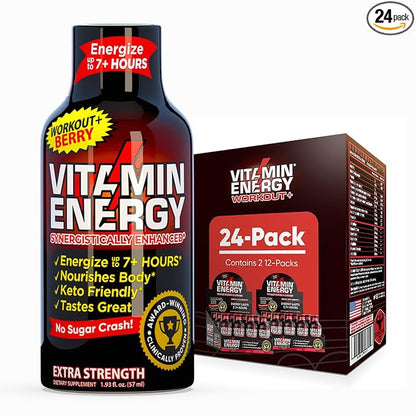 Vitamin Energy Workout+ Extra Strength Energy Shot Berry 24 Pack, 260mg Natural Caffeine, Pre-Workout, B-Vitamins, Minerals, Endurance & Performance, Zero Sugar, Gluten-Free, Vegan, 1.93 fl oz