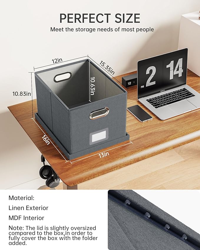 Oterri 2 Pack File Storage Organizer, Filing Box, Portable File Box with Lid, Fit for Letter/Legal File Folder Storage, Document Organizer, Dark-gray