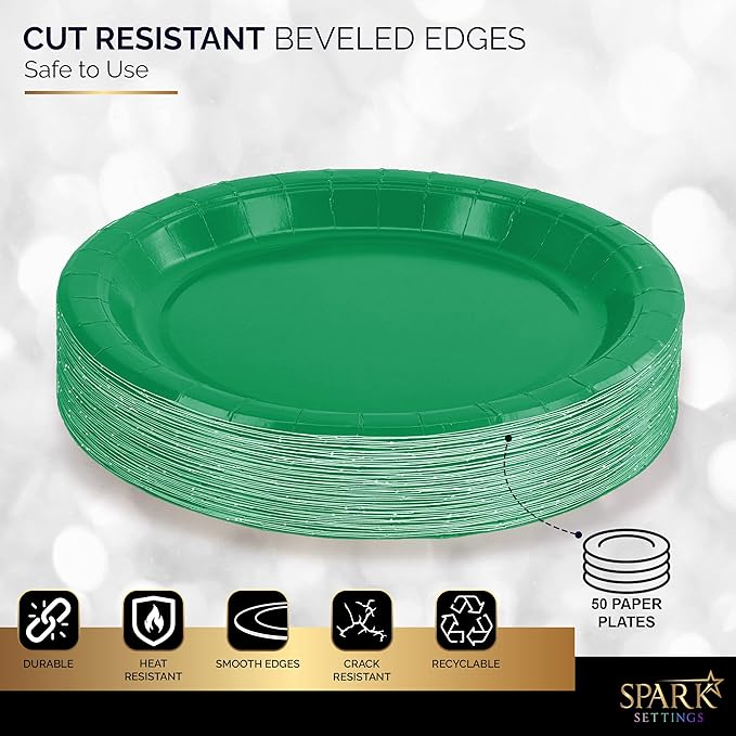 Disposable Paper Plates Green, 6 3/4 Inches Paper Dessert Plates, Strong and Sturdy Disposable Plates for Party, Dinner, Holiday, Picnic, or Travel Party Plates, Pack of 50