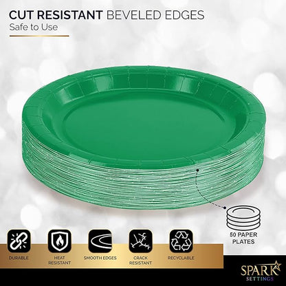 Disposable Paper Plates Green, 6 3/4 Inches Paper Dessert Plates, Strong and Sturdy Disposable Plates for Party, Dinner, Holiday, Picnic, or Travel Party Plates, Pack of 50