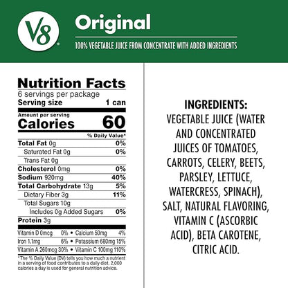 V8 Vegetable Juice, 100% Original, 11.5 fl oz | 24 Cans Total | 4 Cases of 6