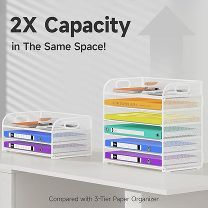 6 Tier Paper Organizer with Handle, Metal Desk Organizer Mesh Paper Letter Tray Desktop File Folder Document Sorter for Classroom, School, Office Accessories Organization and Storage - White