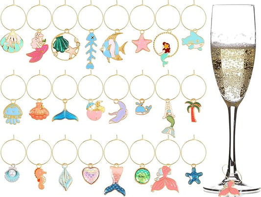 Junkin 24 Pcs Wine Glass Charms Markers Tags for Stem Glasses Drink Markers Wine Charm Ring Identifier for Wedding Bachelorette Tasting Holiday Party Favor Decoration (Beach Style)