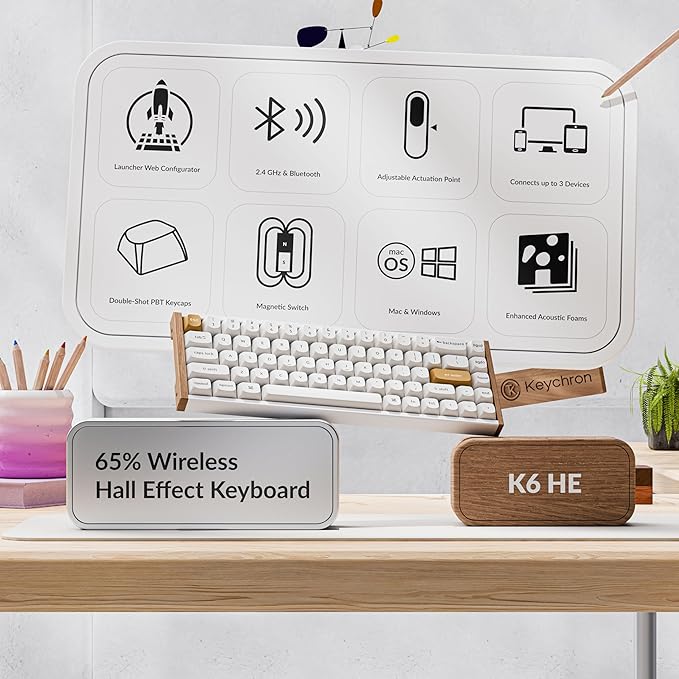Keychron K6 HE 65% Wireless Mechanical Keyboard, 2.4GHz & Bluetooth, Gateron Double-Rail Magnetic Switch, Double-Shot PBT Keycaps, Aluminum & Wooden Frame, Compatible with Windows/Mac – White
