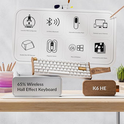 Keychron K6 HE 65% Wireless Mechanical Keyboard, 2.4GHz & Bluetooth, Gateron Double-Rail Magnetic Switch, Double-Shot PBT Keycaps, Aluminum & Wooden Frame, Compatible with Windows/Mac – White